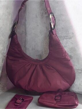 Y2K Slouchy Aubergine Hobo Bag Set w Matching Pouches | Nylon Shoulder Purse
